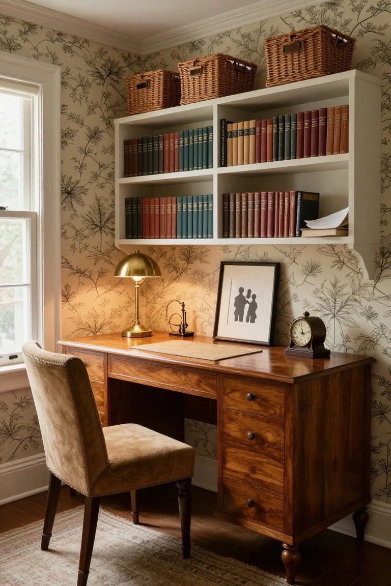 Cozy home study room with cream wallpaper featuring subtle black botanical leaf and stem patterns, white bookshelves filled with colorful books and wicker baskets, wooden desk with velvet chair, brass lamp, clock, and framed silhouette artwork.
