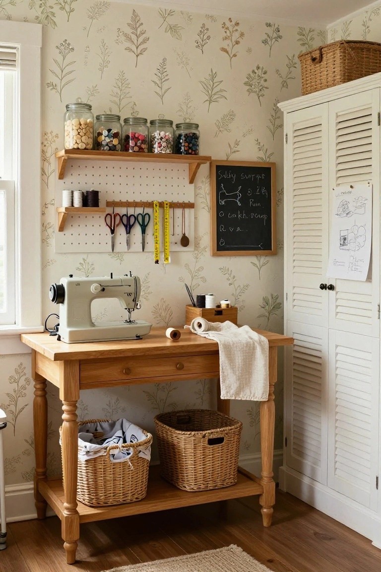 A sewing room with cream wallpaper printed with green ferns and leaves, a wooden table holding a beige sewing machine and fabric rolls, shelves with jars of buttons and thread, wicker baskets under the table, and a blackboard on the wall.