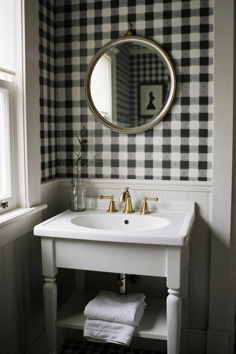 White pedestal sink with brass faucet and drain on wooden legs, round mirror on wall, mason jar with branch, and stacked towels on shelf in bathroom with black-and-white checkered wallpaper and white wainscoting.