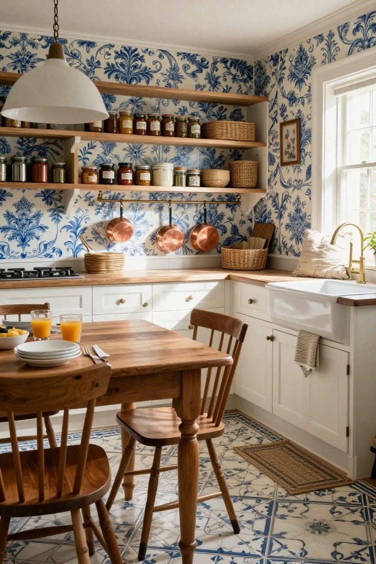Kitchen interior featuring blue floral chintz wallpaper on walls, open wooden shelves with jars and baskets, hanging copper pots, white cabinets, wooden table with chairs, and blue and white tiled floor.