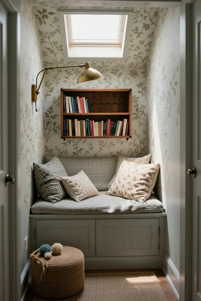 Narrow indoor alcove featuring gray floral wallpaper on walls and ceiling, skylight, brass wall lamp, wooden bookshelf with assorted books, built-in bench seat with patterned cushions and pillows, eyeglasses on bench, yarn balls and woven footstool on seagrass rug.