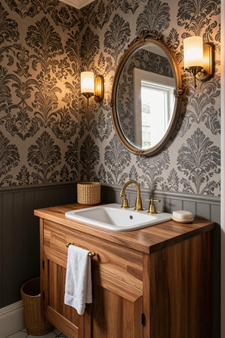 Small bathroom with gray damask-patterned wallpaper on upper walls, wood-paneled lower walls, round gilt mirror, wooden vanity with white sink and brass faucet, white towel, wicker baskets, and wall sconces.
