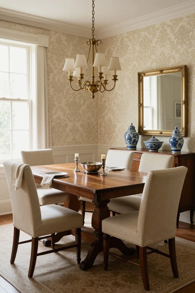 Colonial dining room featuring cream damask wallpaper on walls, wooden pedestal table with cream upholstered chairs, brass chandelier, blue and white porcelain vases and covered bowl on a sideboard, and a mirror above the sideboard.