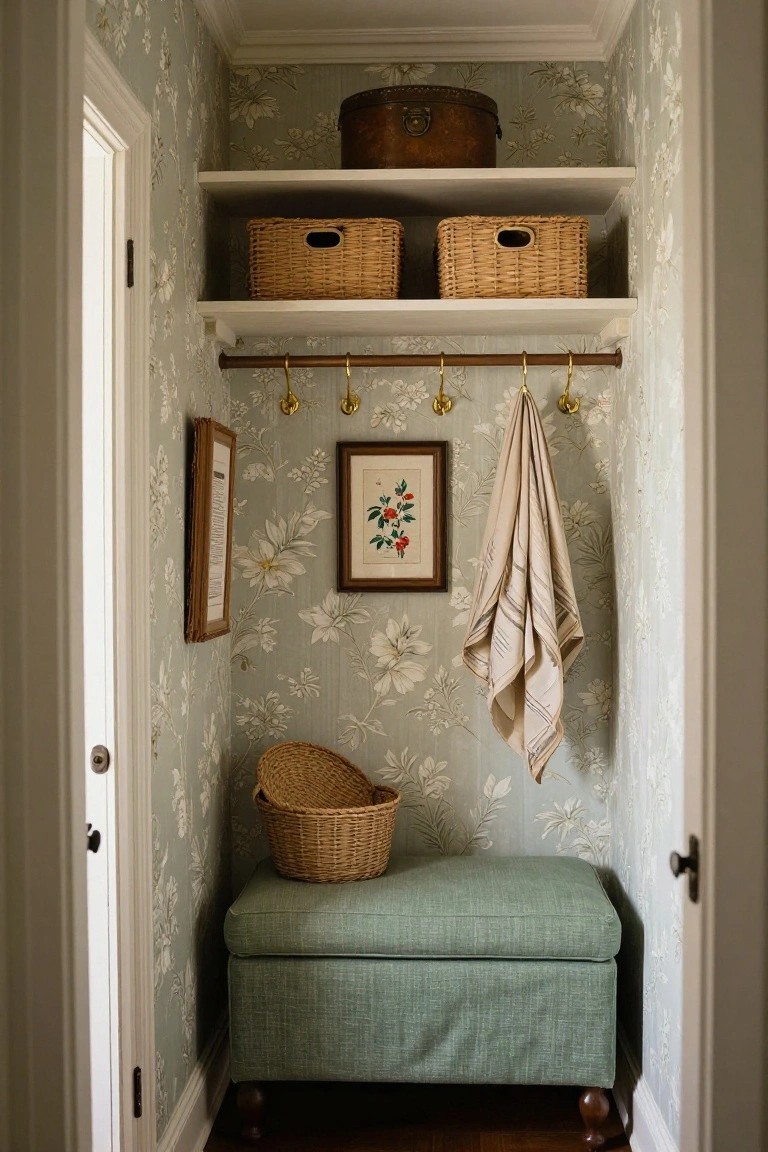Narrow indoor closet with light gray wallpaper featuring white floral motifs, open wooden shelves holding wicker baskets, brass hooks with a hanging towel, two small framed artworks, and a green upholstered storage bench on wooden legs.