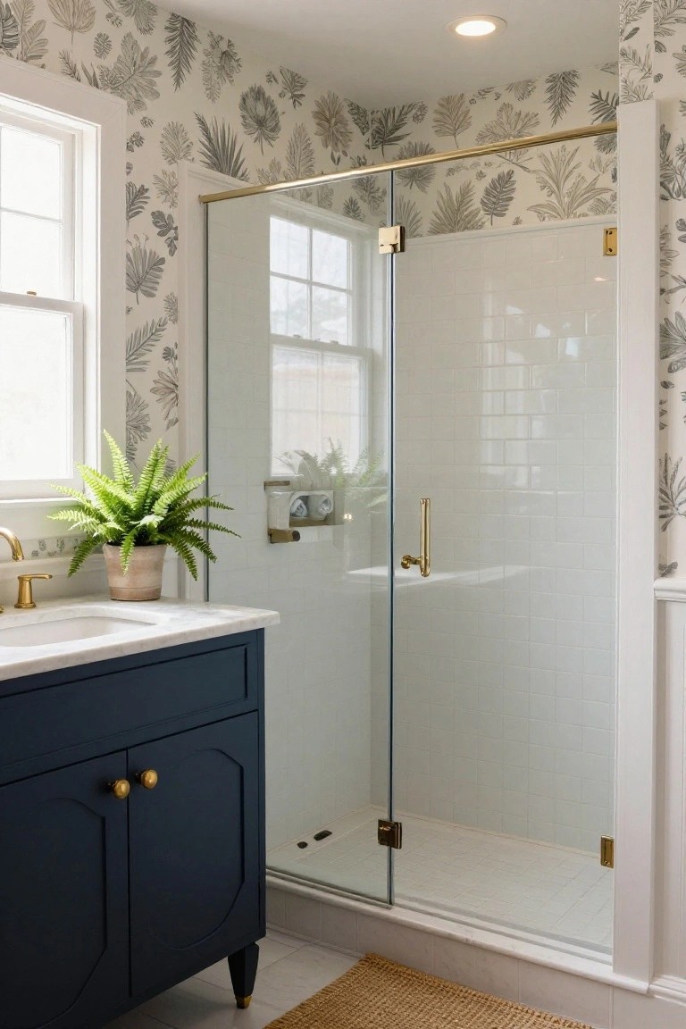 Bathroom with gray leaf-patterned wallpaper on walls, glass shower with gold hardware and white subway tile, navy wood vanity with white sink, potted fern plant, and seagrass rug.
