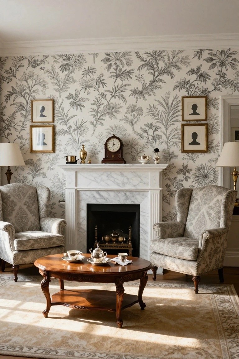 Formal sitting room featuring gray botanical wallpaper on walls, marble fireplace with clock and ornaments on mantel, two upholstered armchairs, oval wood coffee table with teacups and teapot, and table lamps on either side.