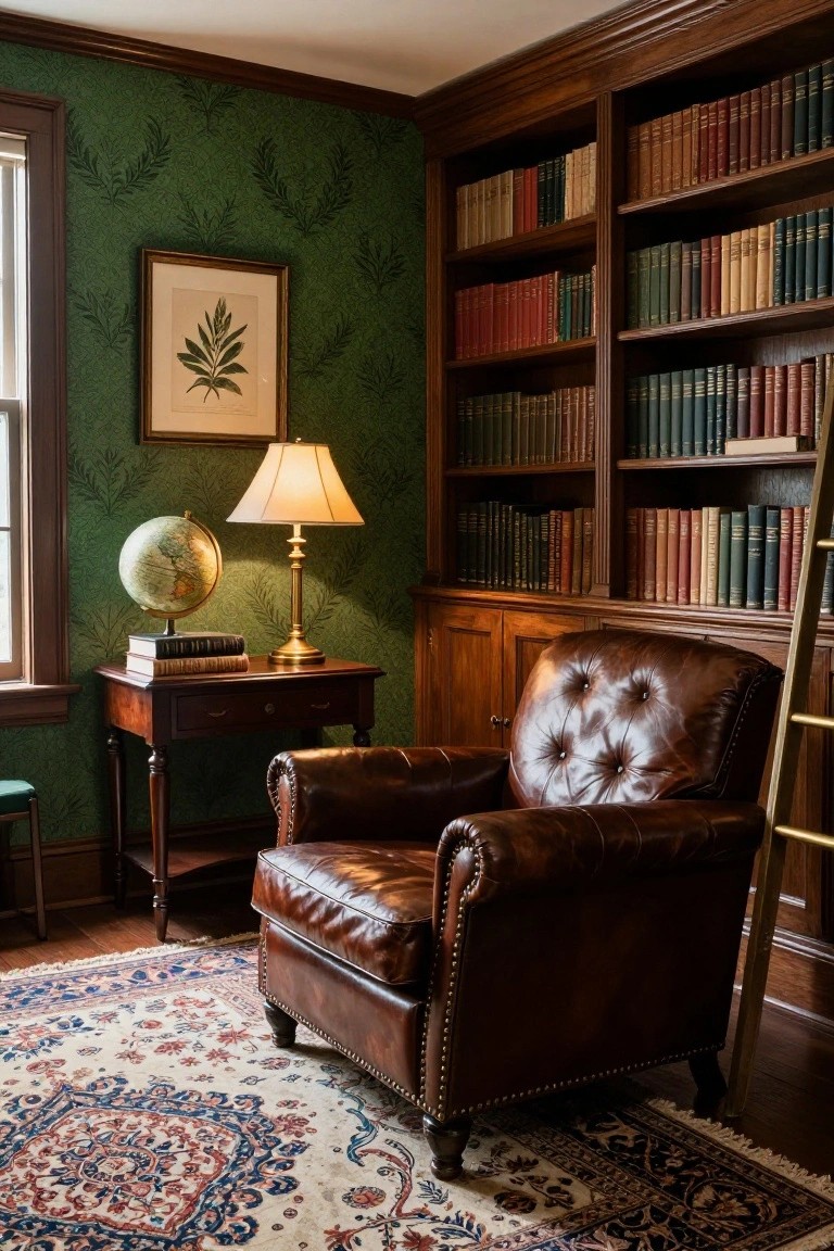 Interior of a study room with emerald green leafy patterned wallpaper on walls, dark wooden built-in bookshelves filled with books, brown leather armchair, wooden desk with lamp and globe, and multicolored Persian rug on hardwood floor.