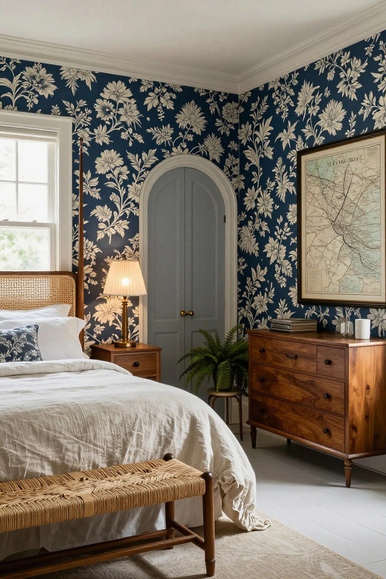 Bedroom with navy blue floral wallpaper on walls, rattan headboard bed with white linens, wooden nightstand and dresser, gray arched door, and potted plant.