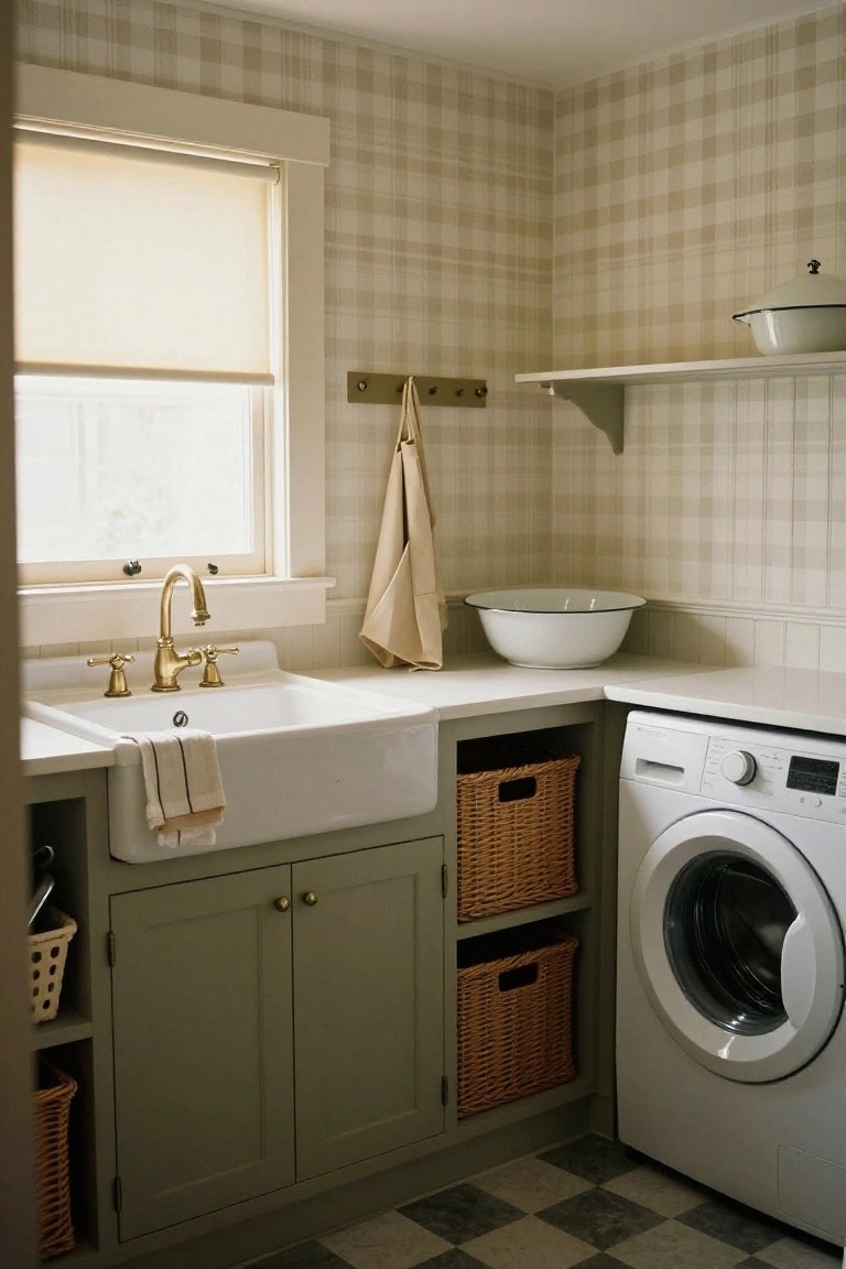Cozy laundry room interior with beige plaid wallpaper on walls, white farmhouse sink and brass faucet on corner countertop, sage green cabinets with wicker baskets, white front-load washer, and black-and-white checkered tile floor.