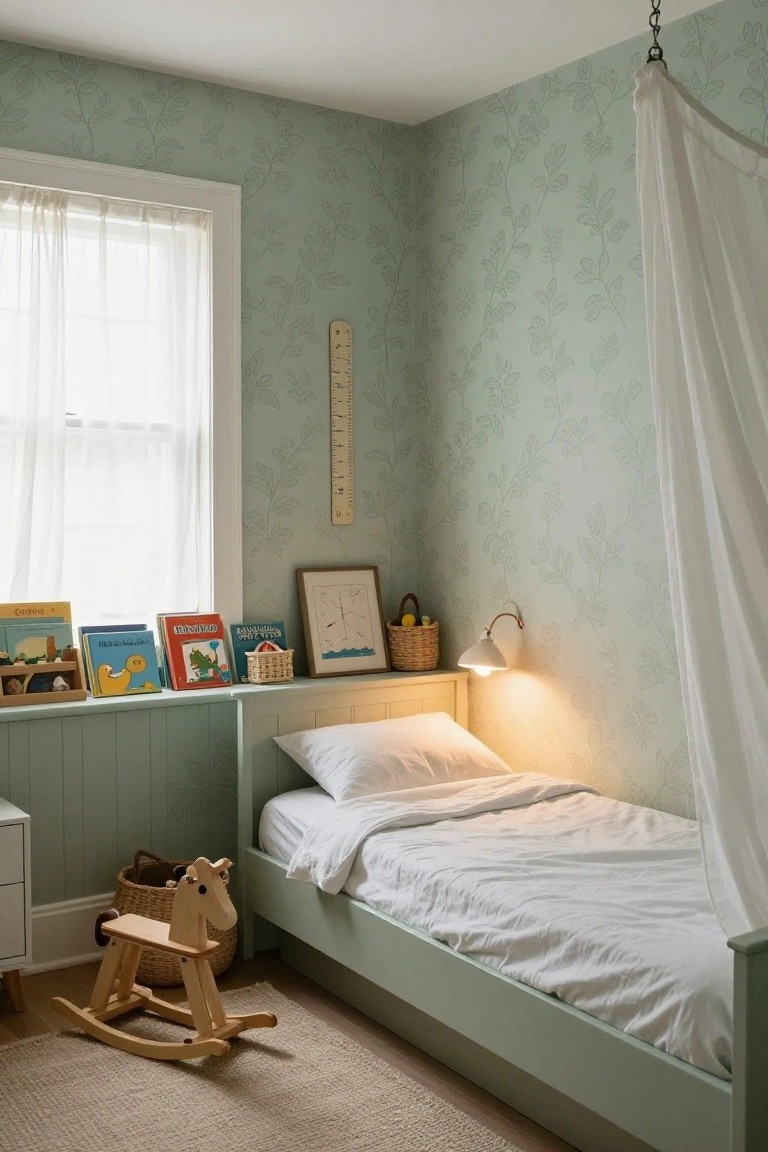 Child's bedroom with sage green walls covered in subtle line-drawn leaf wallpaper, a low green-painted bed under a white fabric canopy, wooden rocking horse on the floor, books on built-in shelves, and a wall lamp providing soft light.