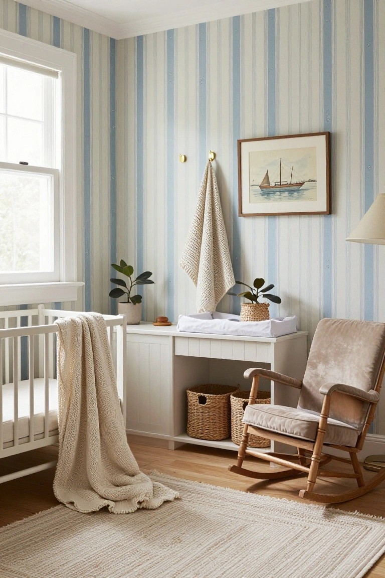 Nursery room with light blue and white vertical striped wallpaper on walls, white crib with cream blanket, white changing table with basket storage and potted plants, beige upholstered rocking chair, nautical ship painting, and cream towel on hook.