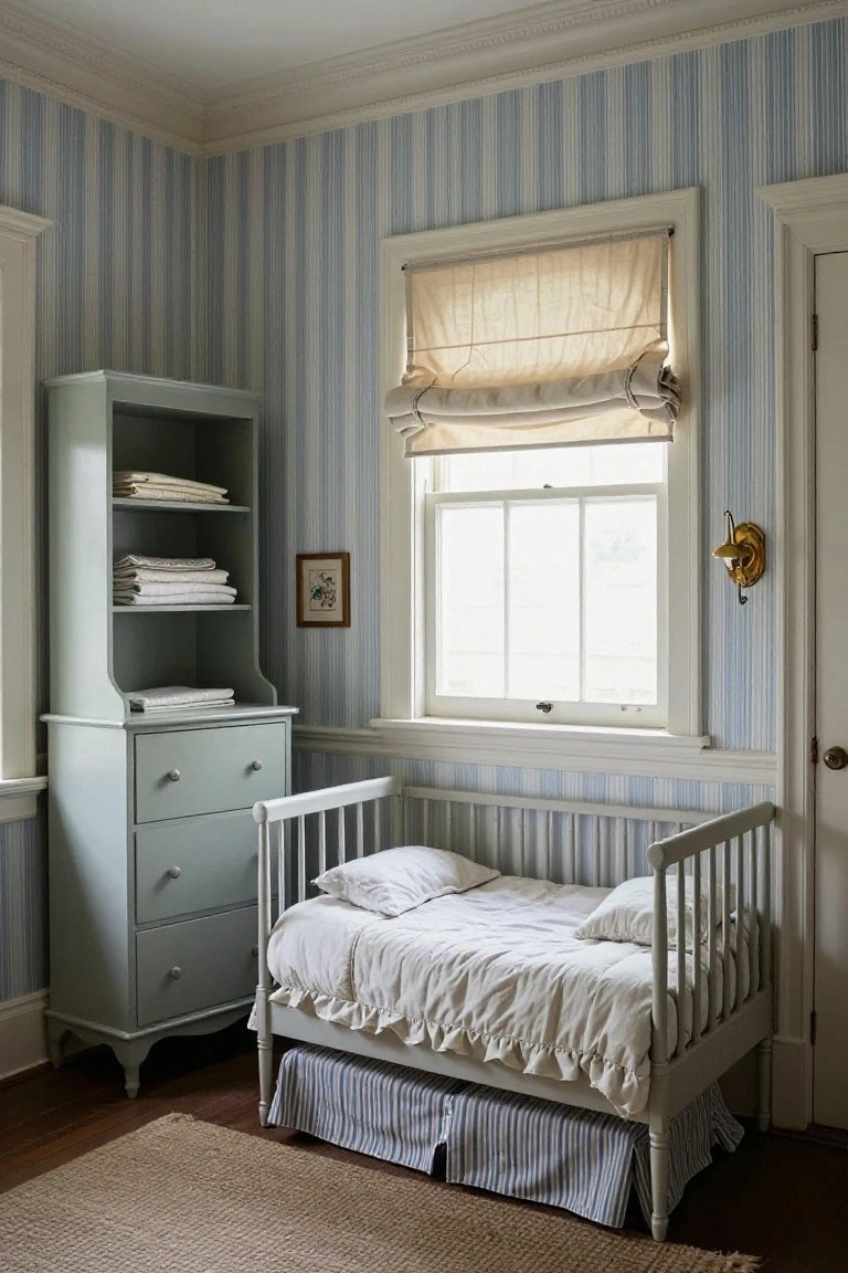 Nursery room with light blue and white vertical striped wallpaper on walls, white spindle crib with ruffled white bedding and blue striped skirt, green painted dresser with shelves holding white linens, window with beige roman shade, and wood floor with jute rug.