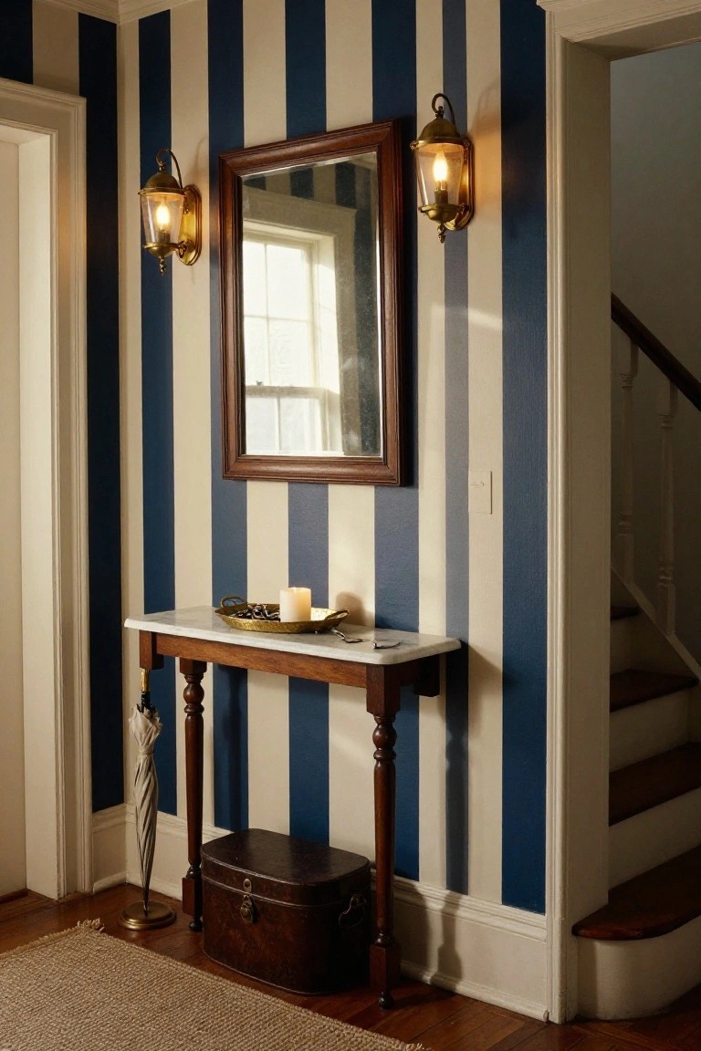 Hallway interior with navy blue and cream striped wallpaper, wooden console table with marble top holding a candle in a dish, large framed mirror on wall, brass wall sconces, umbrella stand, wooden chest, seagrass rug, and doorway to wooden stairs.