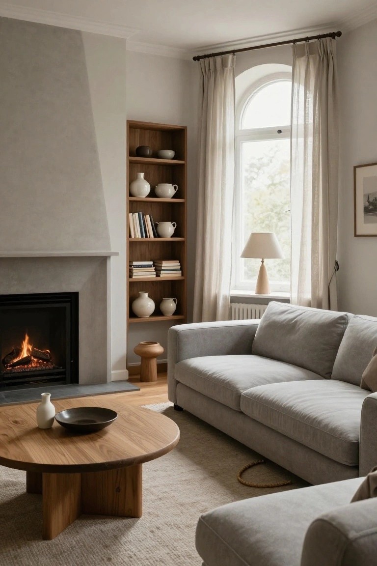 A light gray living room with a gas fireplace flanked by wooden built-in shelves displaying white ceramics and books, a gray sofa, wooden coffee table, and arched window with sheer curtains.