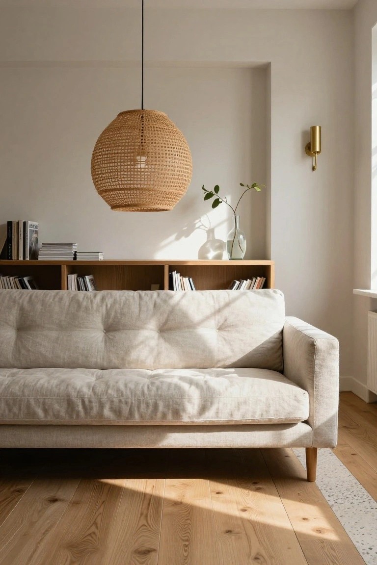 Beige tufted linen sofa in a sunlit living room with wooden bookshelves, rattan pendant lamp, glass vase with greenery, and wall sconce.