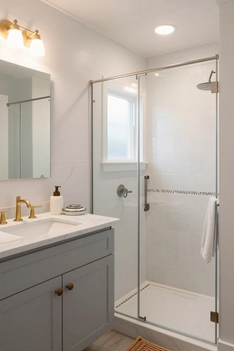 A compact bathroom with white subway tile walls, a frameless glass shower enclosure, gray double vanity with white marble top and brass faucets, and a woven rug on wood flooring.