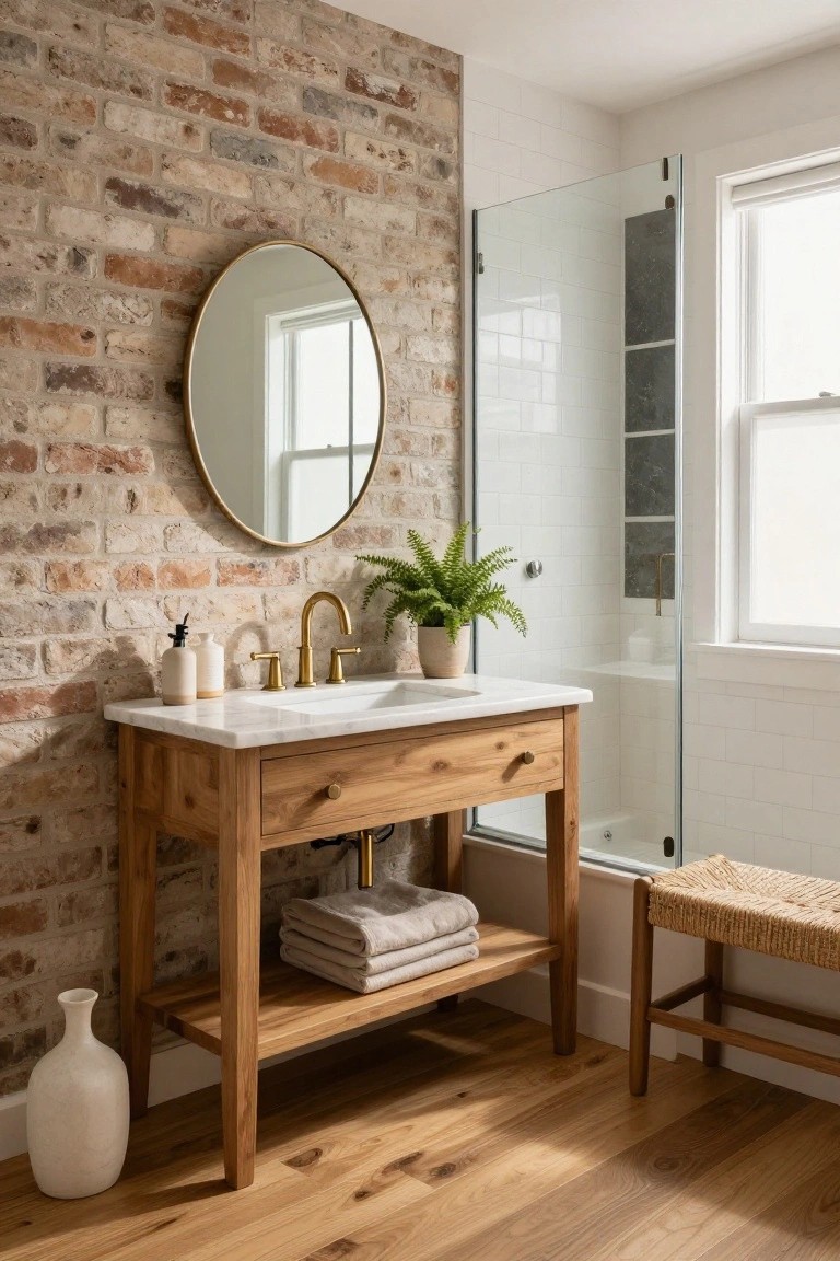 Bathroom interior with exposed brick accent wall, wooden vanity topped with white marble sink and brass faucet, round gold mirror, potted ferns, folded towels on open shelf, glass shower enclosure, and hardwood floors.