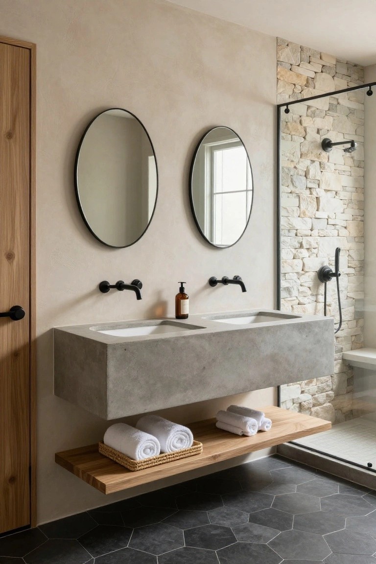 Modern bathroom interior with a floating gray concrete double vanity, two oval black-framed mirrors above, black wall-mounted faucets, a wooden shelf below holding stacked white towels in a basket, beige plaster walls, light stone shower wall with glass enclosure and handheld showerhead, and dark hexagonal floor tiles.