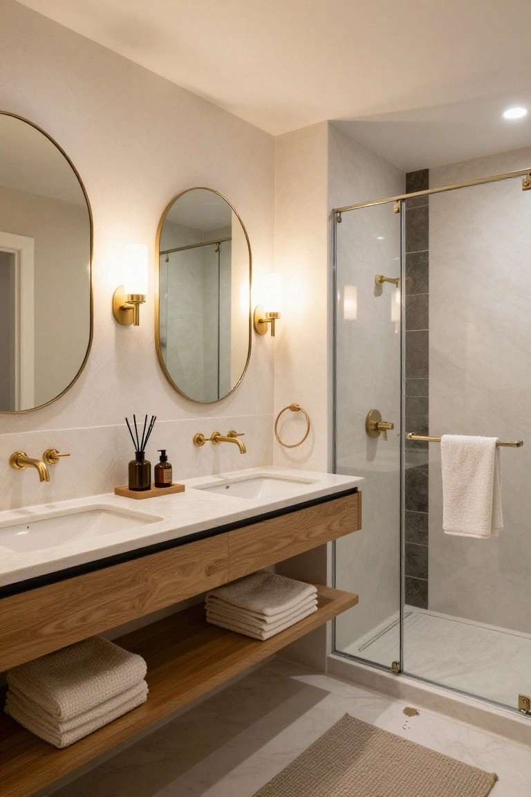 Modern bathroom with floating wooden double vanity, two white sinks, gold oval mirrors on wall, glass shower enclosure, neutral tile floors and walls.