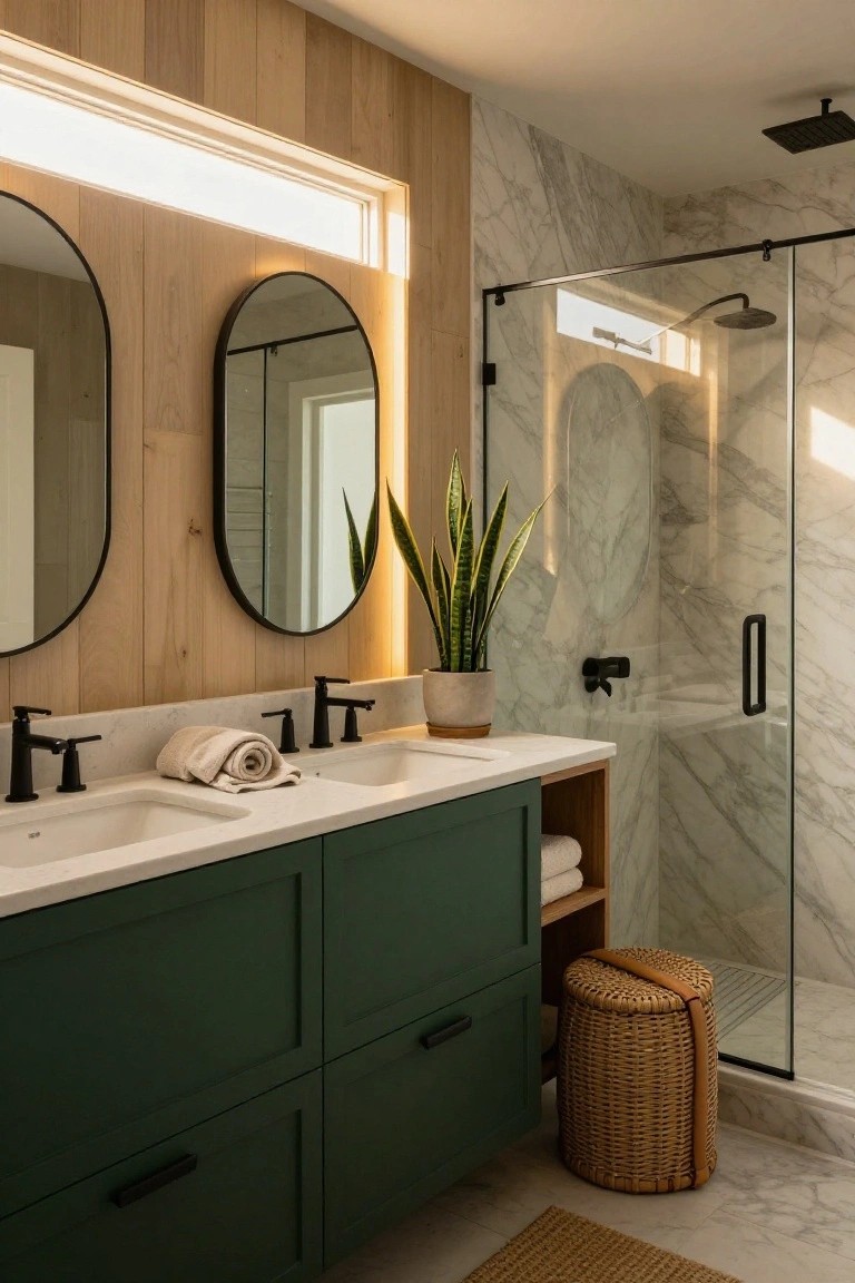 Modern bathroom with dark green double vanity cabinets, white marble countertops and walls, two oval black-framed mirrors, light wood slat accent wall, glass shower enclosure, potted snake plant, and woven stool on seagrass rug.