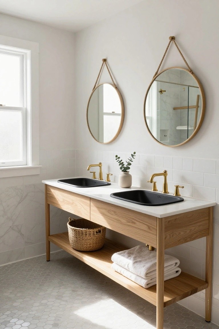 Bathroom interior with light oak double vanity featuring black sinks, gold faucets, white marble countertop, subway tile backsplash, two round rope-hung mirrors, and glass shower enclosure visible in background.