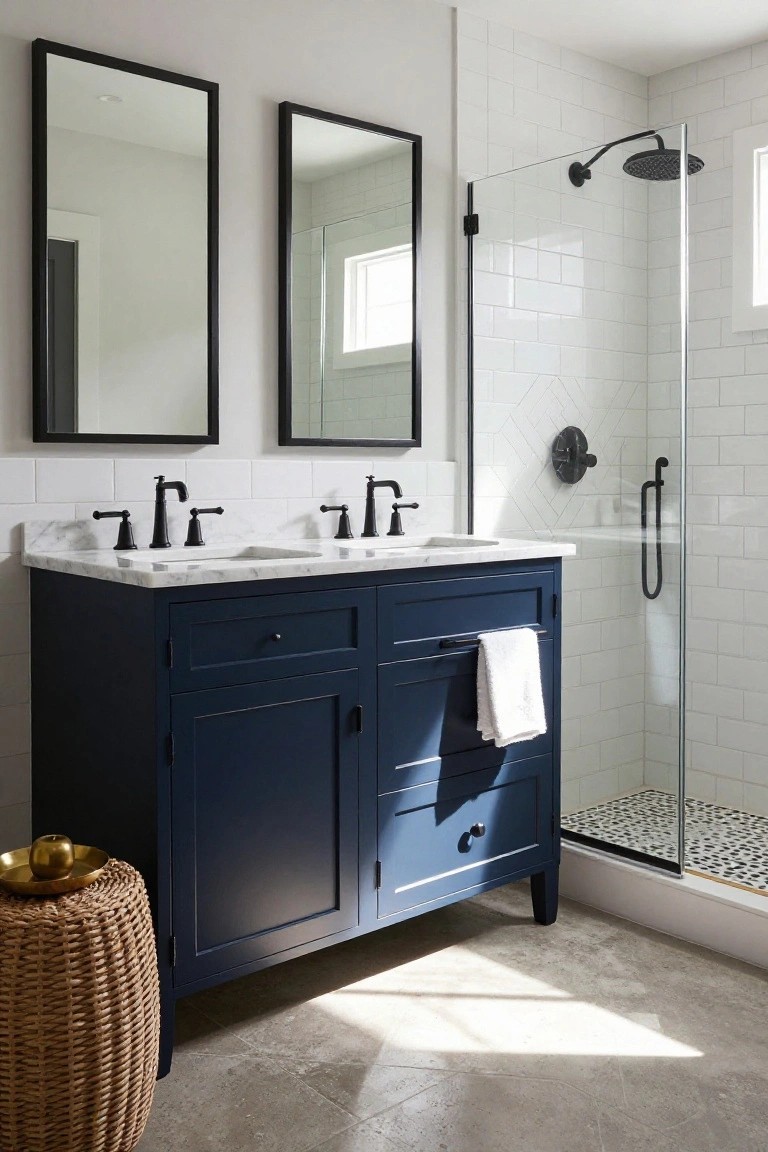 Modern bathroom with navy blue double vanity topped in white marble, two undermount sinks, black faucets, white subway tile backsplash, two black-framed mirrors, and adjacent glass shower with black fixtures and pebble tile floor.