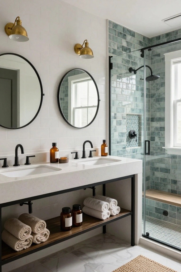 Bathroom interior with double white sinks on black metal vanity base featuring open wood shelving stocked with rolled white towels and amber glass jars, two round black-framed mirrors above, and adjacent glass shower enclosure with teal subway tile walls.