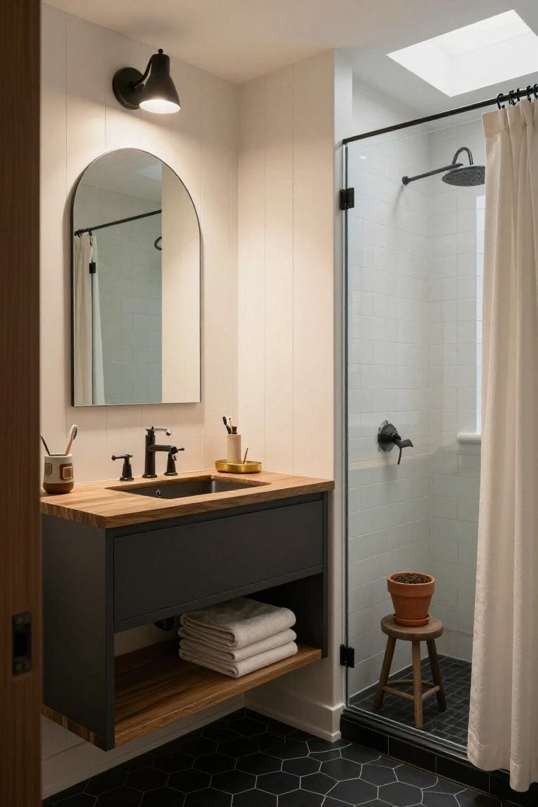 A modern farmhouse bathroom with white shiplap walls, a floating wood-topped vanity with black base and open lower shelf holding white towels, arched black-framed mirror, matte black faucet and fixtures, glass shower enclosure with white curtain, black hexagonal floor tiles, and a small wood stool inside the shower.