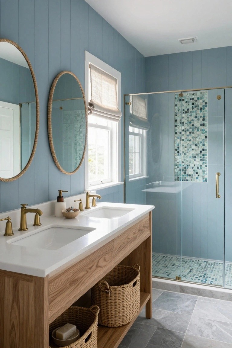 Light blue shiplap walls in a bathroom with an oak double vanity, white sinks, brass faucets, rattan baskets for storage, round rattan-framed mirrors, and a glass shower enclosure with blue mosaic tile accents on gray tile flooring.