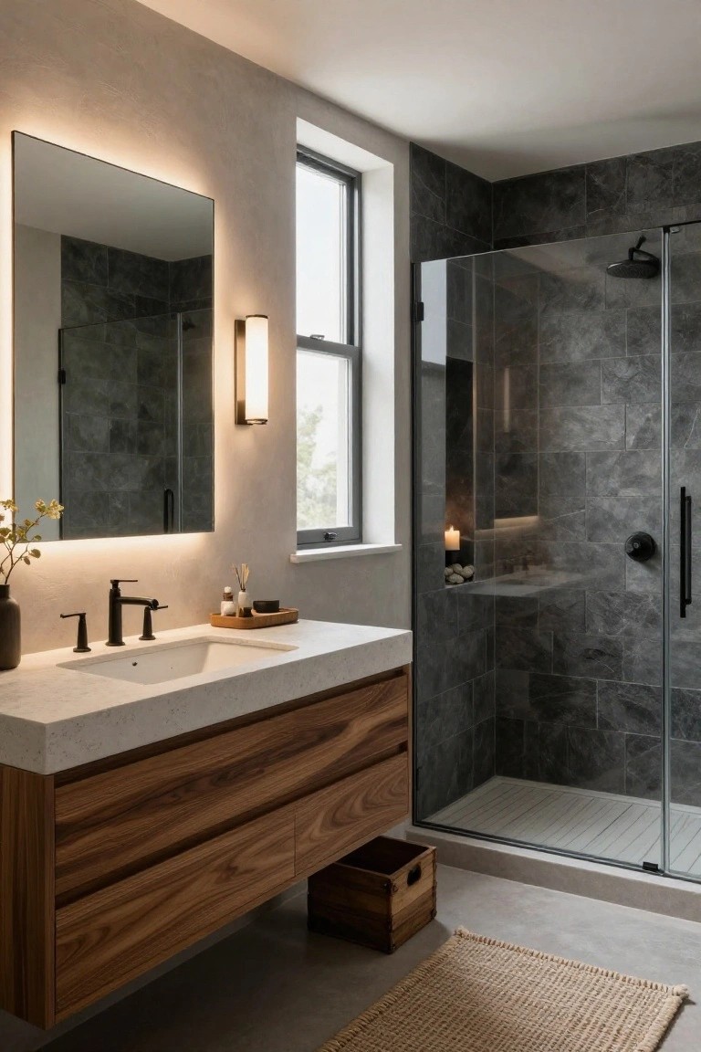 Warm Wood Vanity in a Cool Gray Bathroom
