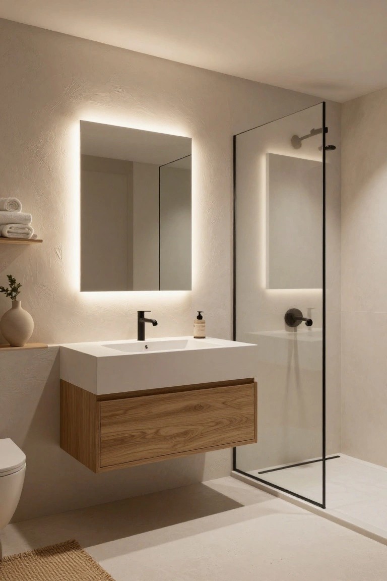 Modern minimalist bathroom with floating light oak wood vanity under white sink and black faucet, backlit rectangular mirror, glass shower enclosure, wall-mounted white toilet, textured beige walls, and beige woven rug on floor.