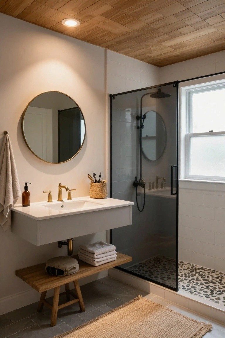 Modern bathroom with slatted light wood ceiling, round gold mirror above floating white vanity with brass faucets, black-framed glass shower, wooden stool with towels, and beige rug on gray tile floor.