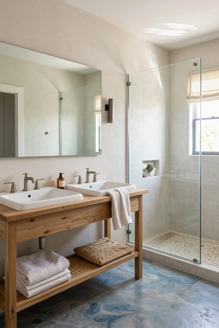 Bathroom interior with light oak double vanity holding two white undermount sinks, open shelving with white towels and basket, glass shower enclosure with pebble floor, and blue marbled epoxy flooring.