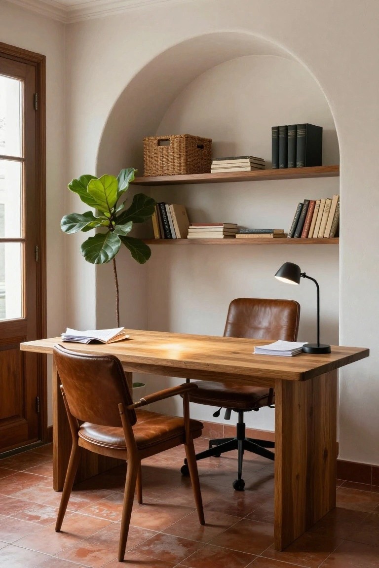 Home office corner with wooden desk, two leather chairs, black desk lamp, large ficus plant, and arched white wall niche with wood shelves holding books and wicker basket.