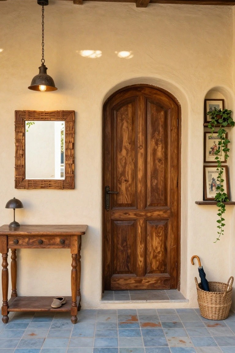 Arched dark wooden door in a beige stucco wall with wooden console table, wicker mirror, desk lamp, umbrella, basket, and blue tiled porch floor.