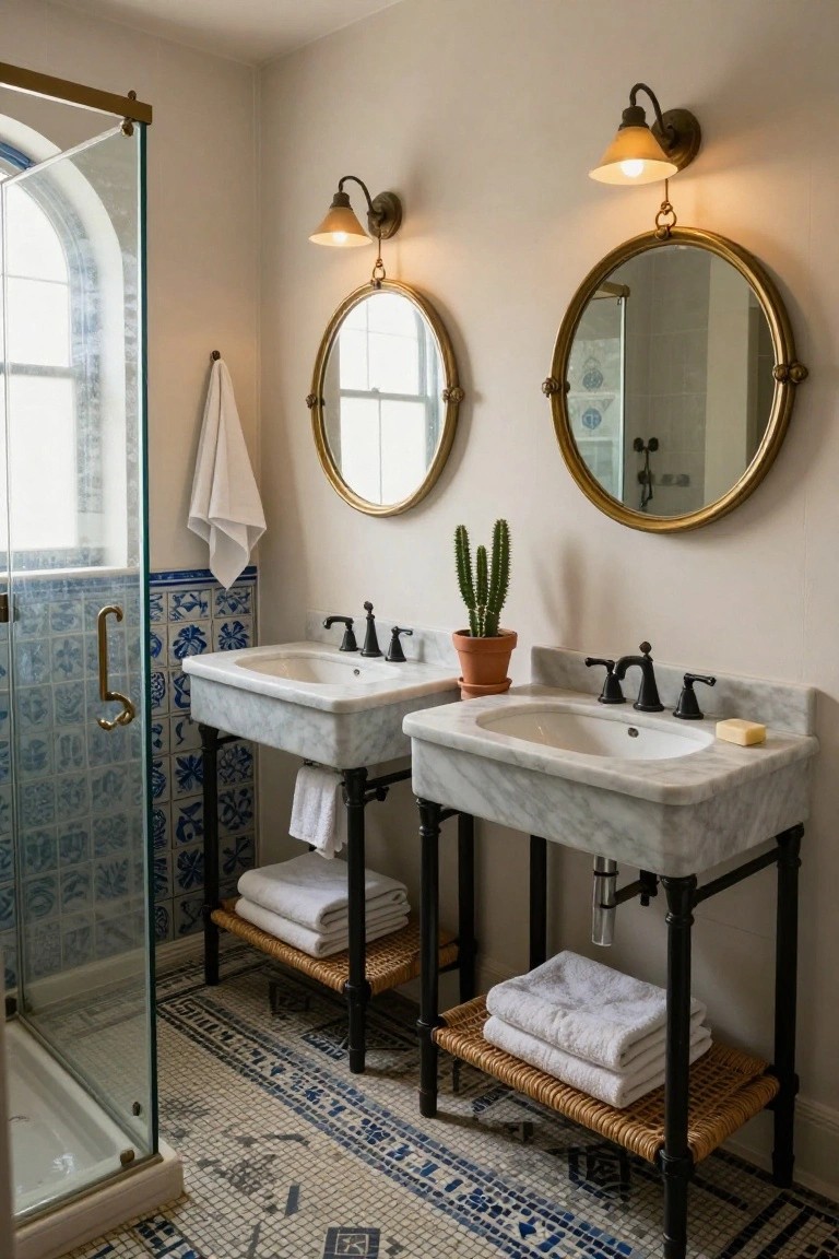 Bathroom with two white marble pedestal sinks on black metal stands, blue and white patterned ceramic tile backsplash and shower surround, two round brass mirrors, potted cactus, folded towels on rattan shelves, and mosaic tile floor.