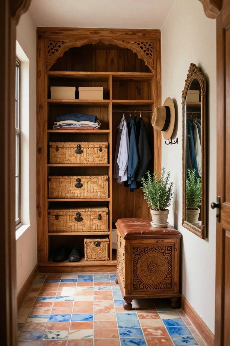 Wooden arched built-in closet with shelves holding folded clothes and wicker baskets, hanging rods with shirts and jackets, hat hooks, leather bench with potted rosemary plant, antique mirror, and colorful terracotta tiled floor.