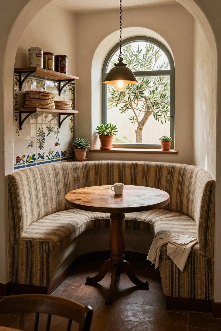 Curved beige striped banquette seating in a nook around a round wooden table with a coffee cup, blue and white tiled walls with shelves of dishes and cans, potted plants, and an arched window with olive tree view.