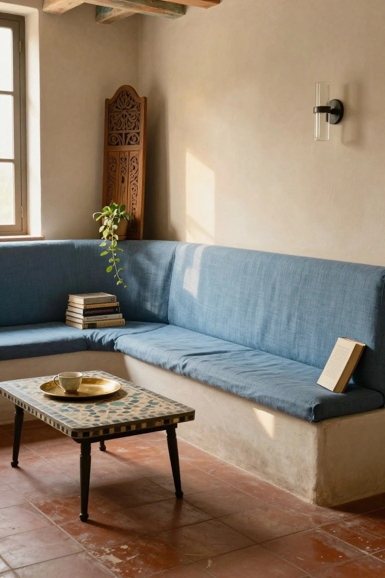 Cozy blue corner bench with tiled coffee table and warm terracotta floor.