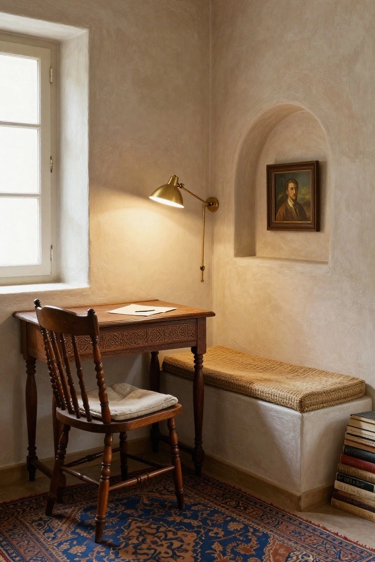 Corner of a whitewashed room with wooden desk and chair, wall-mounted brass lamp, arched niche holding a framed portrait, bench with books, and blue patterned rug on the floor.