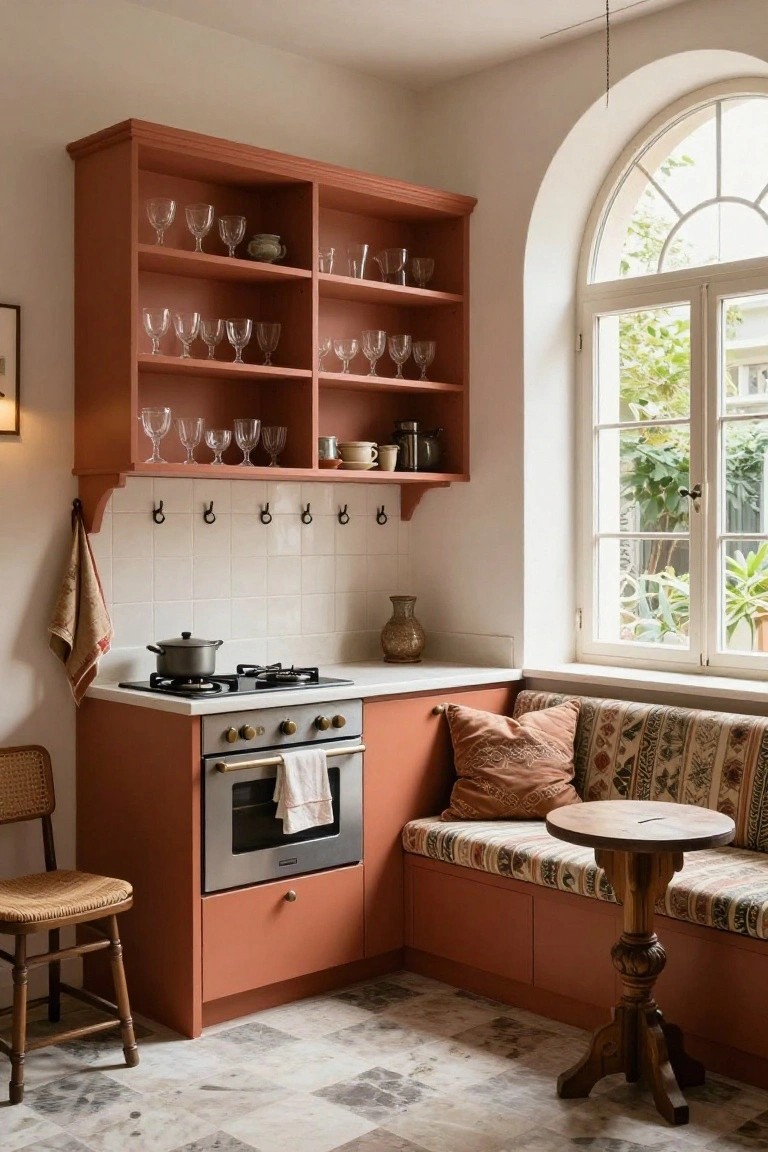 Kitchen corner featuring terracotta-painted cabinets with open shelves holding glassware, a built-in bench with patterned cushions and pillows, a small round wooden table, gas stove and oven, white subway tiles, and an arched window with garden view.