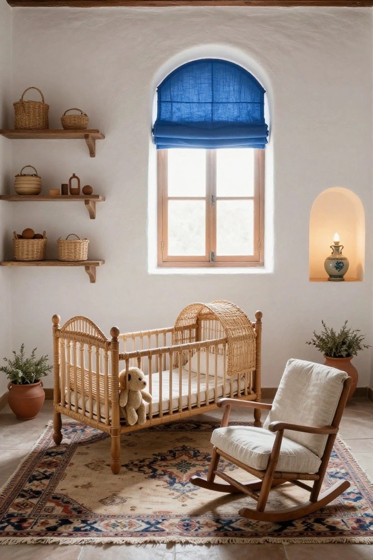 White nursery room with rattan crib holding teddy bear, wooden rocking chair on Persian rug, wooden shelves with woven baskets and wooden objects, arched window with blue roman shade, wall niche with candle and vase, and potted plants on tile floor.
