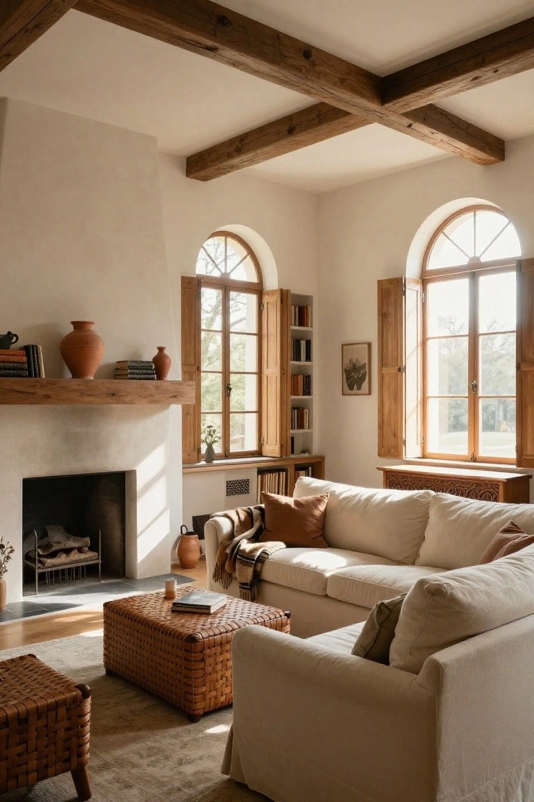 Sunlit living room with dark exposed wooden beams on white ceiling, beige linen sofa, stone fireplace, arched windows with wooden shutters, wooden shelves with pottery, and woven leather furniture on neutral rug.