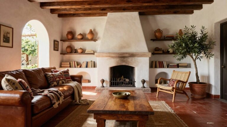 Spanish Colonial living room with white stucco walls, exposed dark wooden ceiling beams, built-in shelves holding pottery and books, stone fireplace, brown leather sofa with pillows and throw, rattan chairs, wooden coffee table, potted olive tree, and arched doors open to a garden on terracotta tile floors.