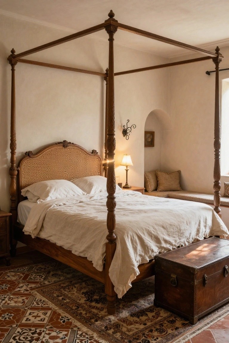 Wooden four-poster bed with rattan and carved headboard in a whitewashed bedroom with arched niche, window seat, trunk, lamp, pillows, and terracotta tile floor covered partly by rug.