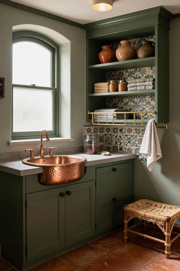 Green kitchen with copper sink, arched window, and open shelving.