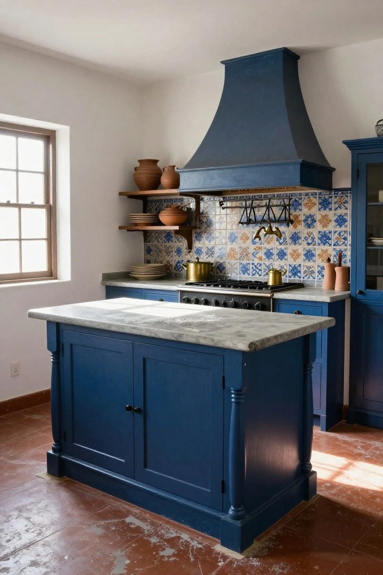 Kitchen interior with navy blue freestanding island on turned legs, matching blue cabinets, colorful blue and orange tiled backsplash, terracotta tile floor, wood shelves with pottery, and blue range hood over gas stove.