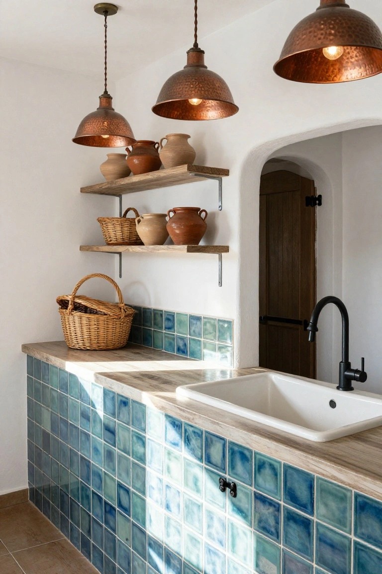 Interior of a utility kitchen area with wooden open shelves displaying terracotta pots and woven baskets above a blue tiled backsplash, wood countertop, white sink, black faucet, and hammered copper pendant lights.