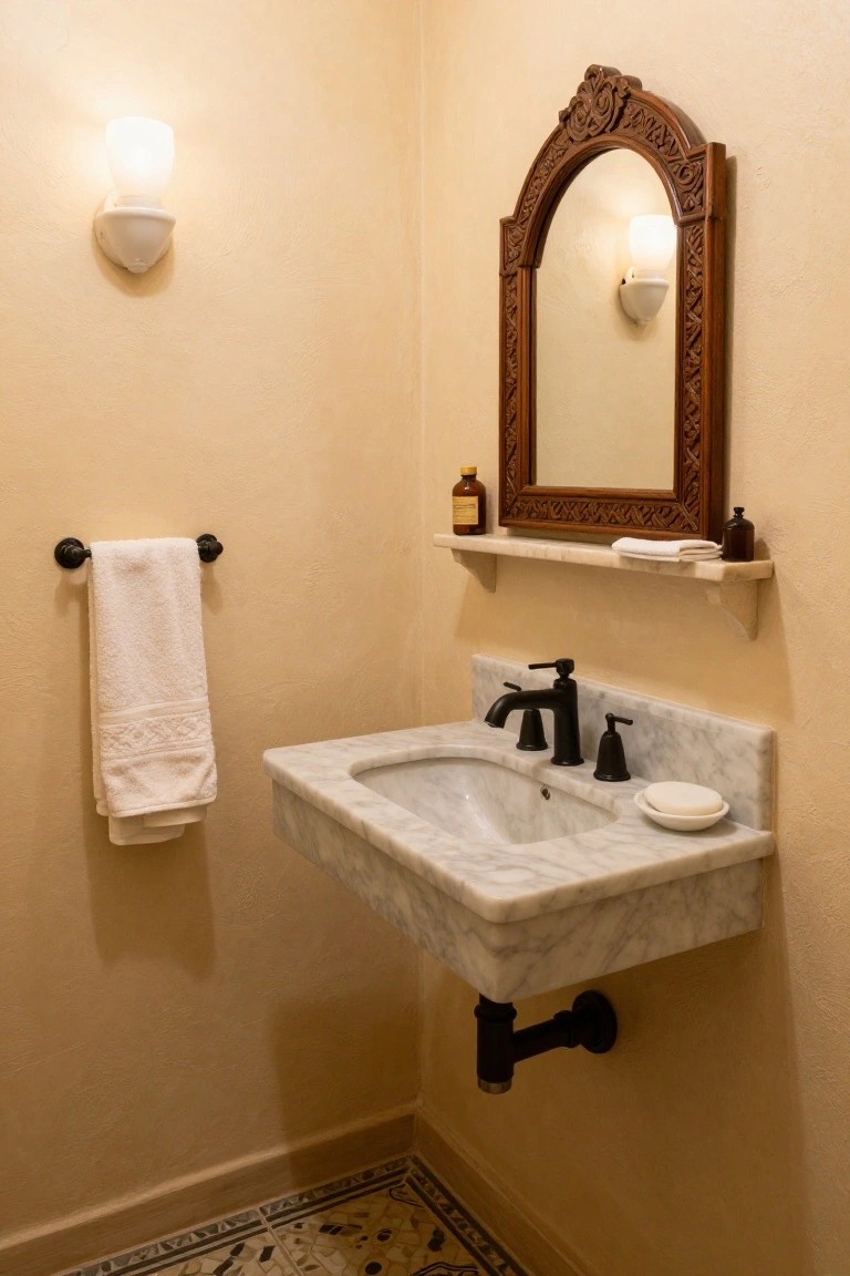Small bathroom corner with arched carved wooden mirror and shelf above white marble sink with black faucet, towel bar holding white towels, beige walls, and mosaic tile floor.