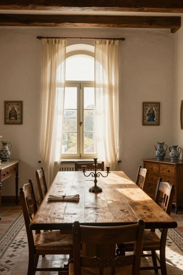 Sunlit dining room featuring a large rustic wooden table with candelabra centerpiece, wooden chairs, exposed beams, arched window with sheer curtains, and antique sideboards with blue vases.